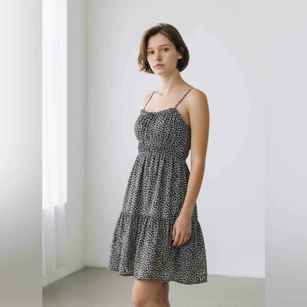 NWT Madewell Sophia Size 4 Tiered Black & White Floral Mini Dress With Pockets